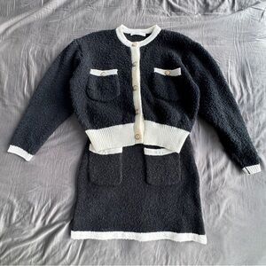 Elegant Black and White Women's Jacket and Skirt Set with Pearl Button